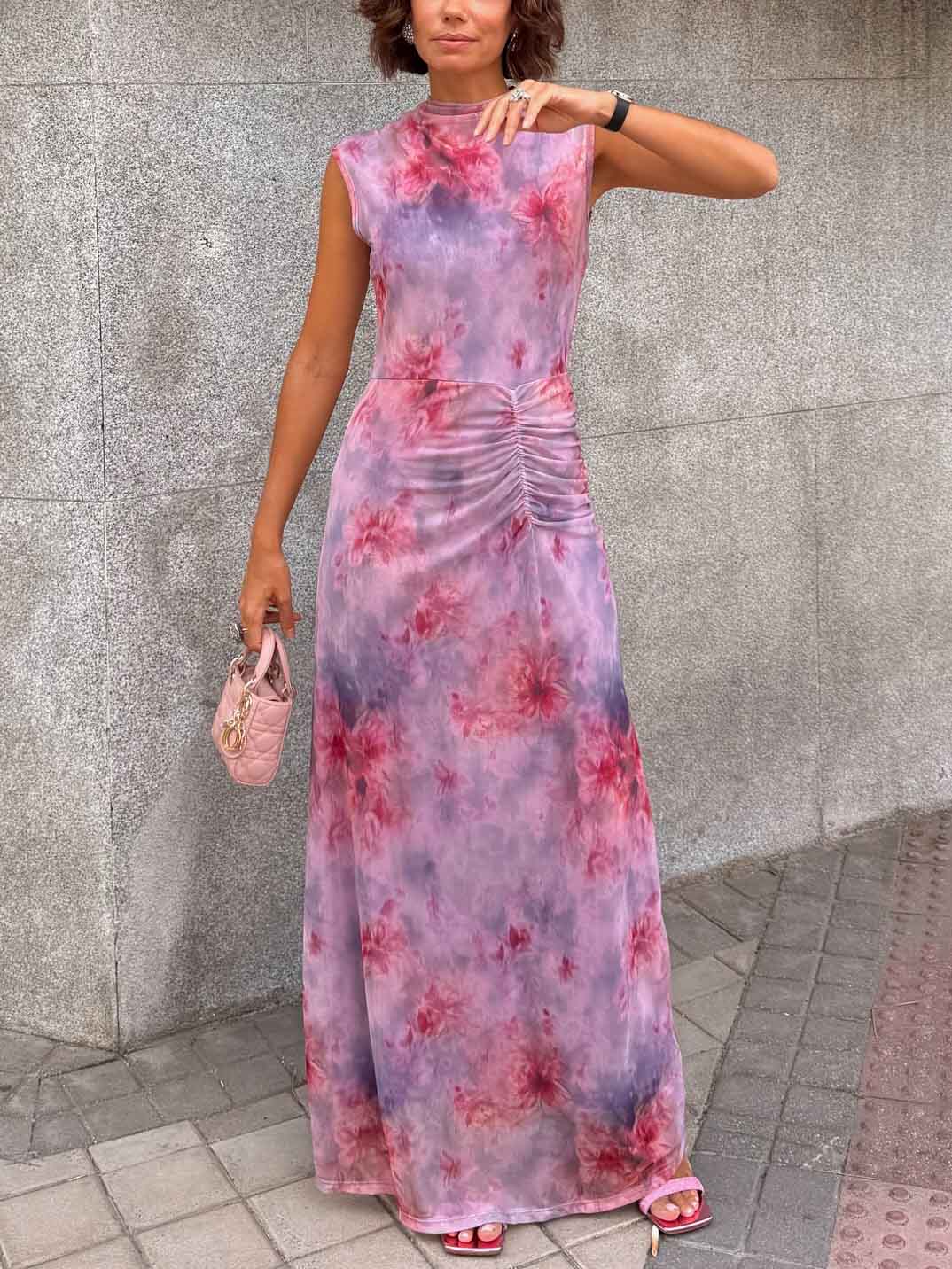 Robe longue slim à imprimé floral dégradé rétro
