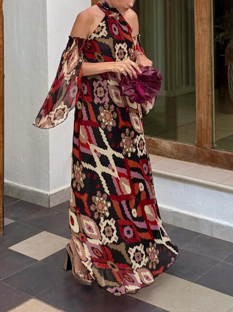 Robe longue à manches convertibles et imprimé géométrique bohème rétro