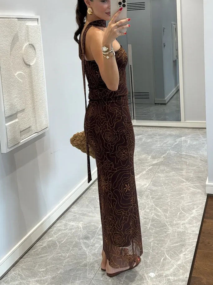 Elegant Mesh Floral Print Skirt Two-piece Set