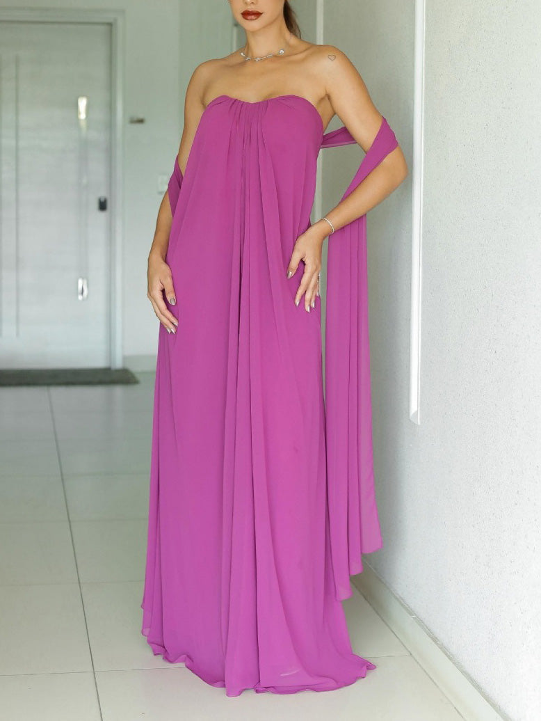 Elegant Strapless Flowing Chiffon Maxi Dress