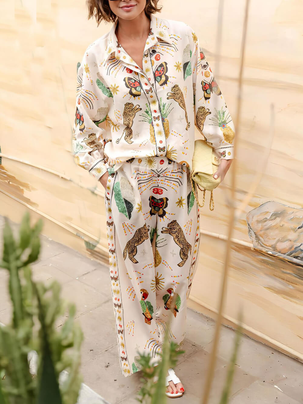 Fashionable Tiger Pattern Print Linen Loose Pocket Wide-Leg Pants