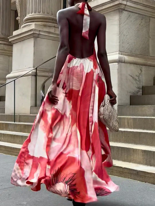 Robe longue décontractée à imprimé floral et dos nu