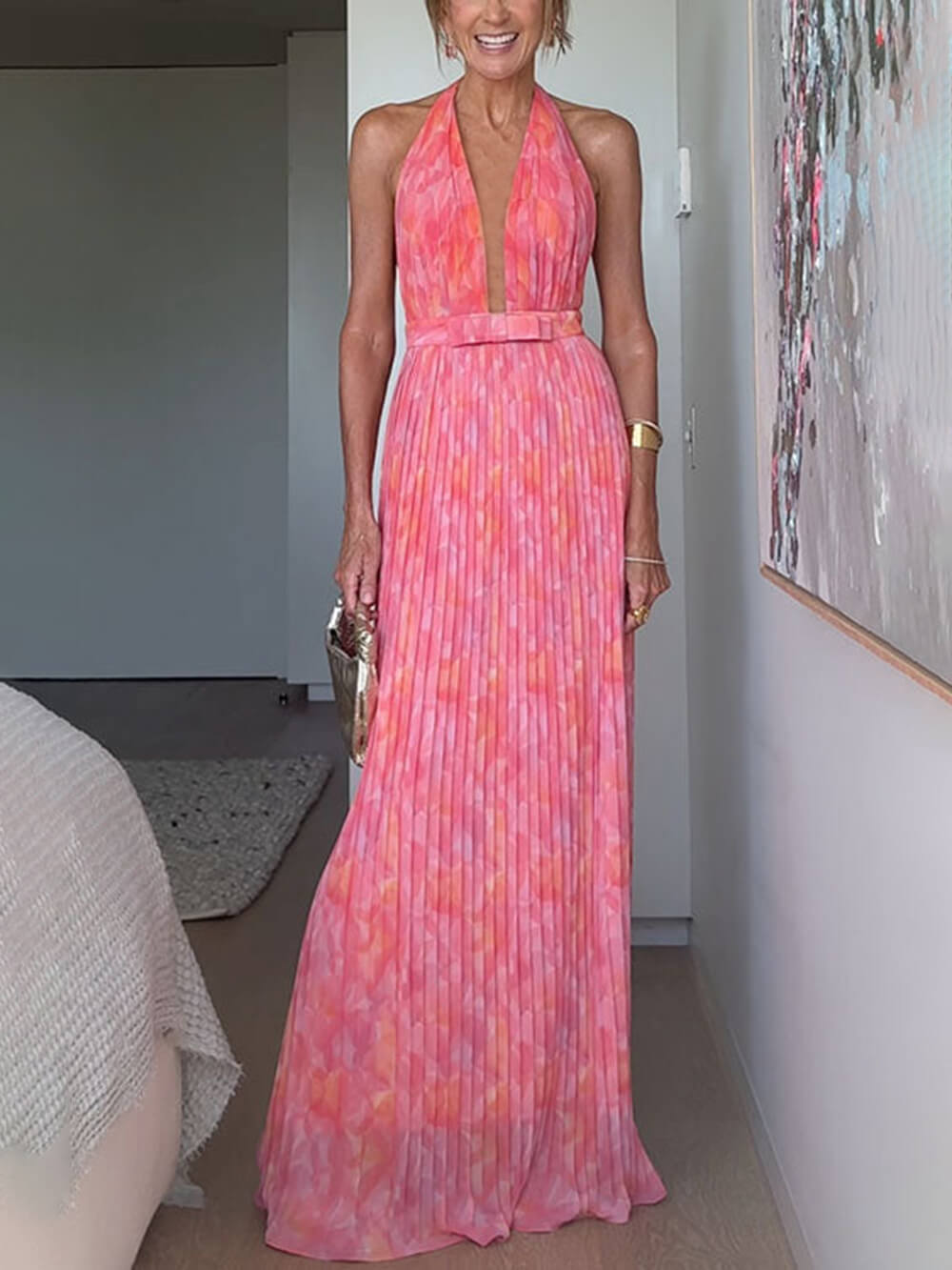 Elegant Halter V Neck Open Back Print Pleated Maxi Dress