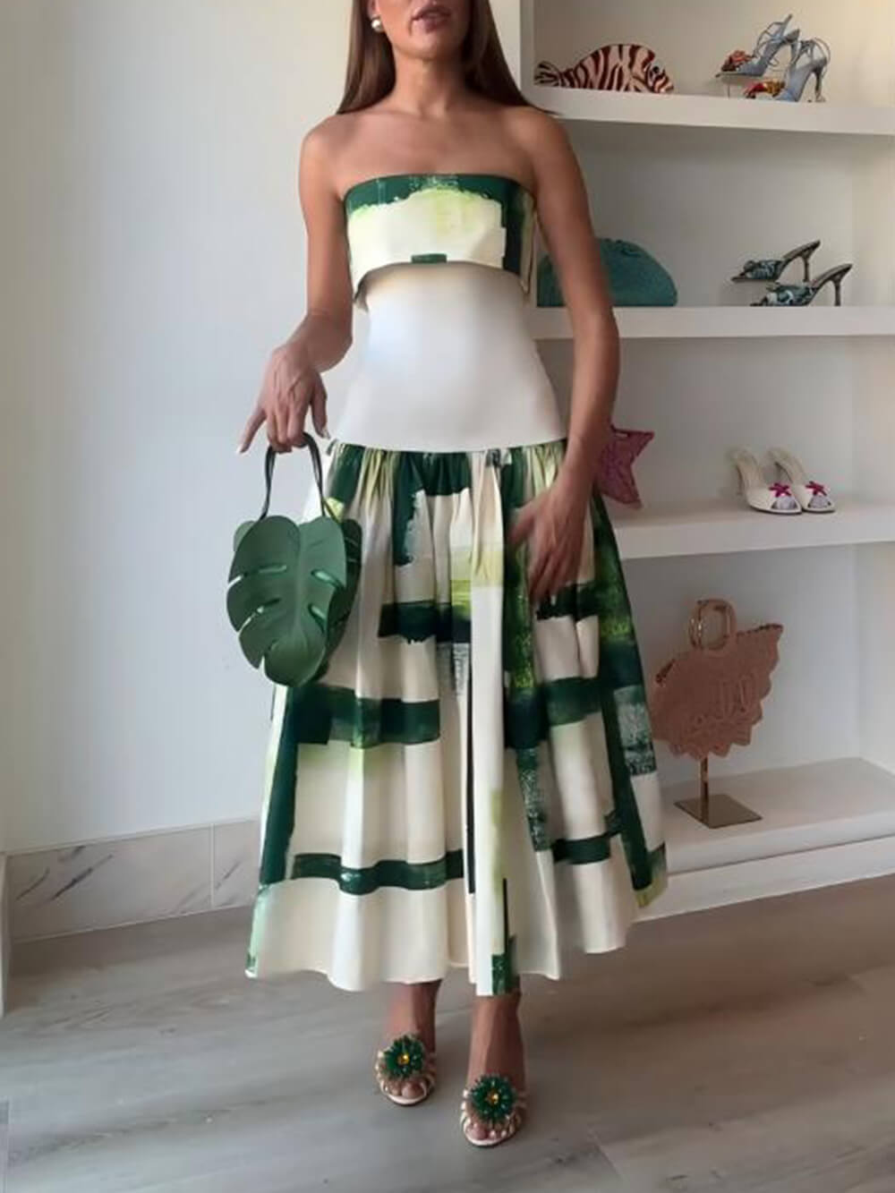 Robe midi moulante côtelée élégante imprimée sans bretelles