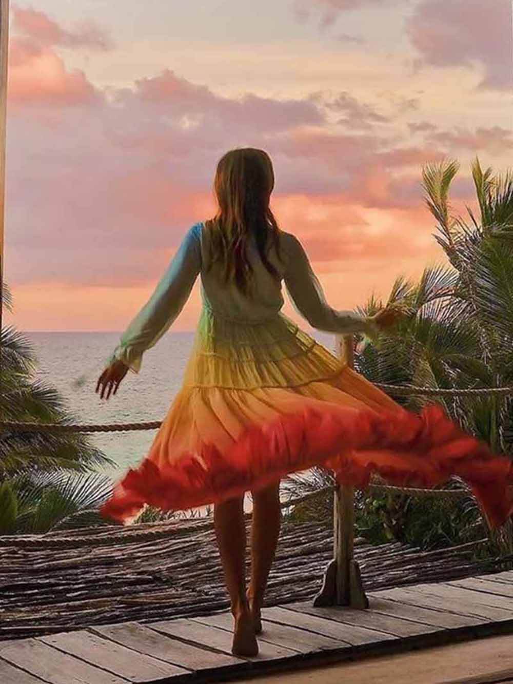 Robe longue bohème à imprimé dégradé arc-en-ciel unique