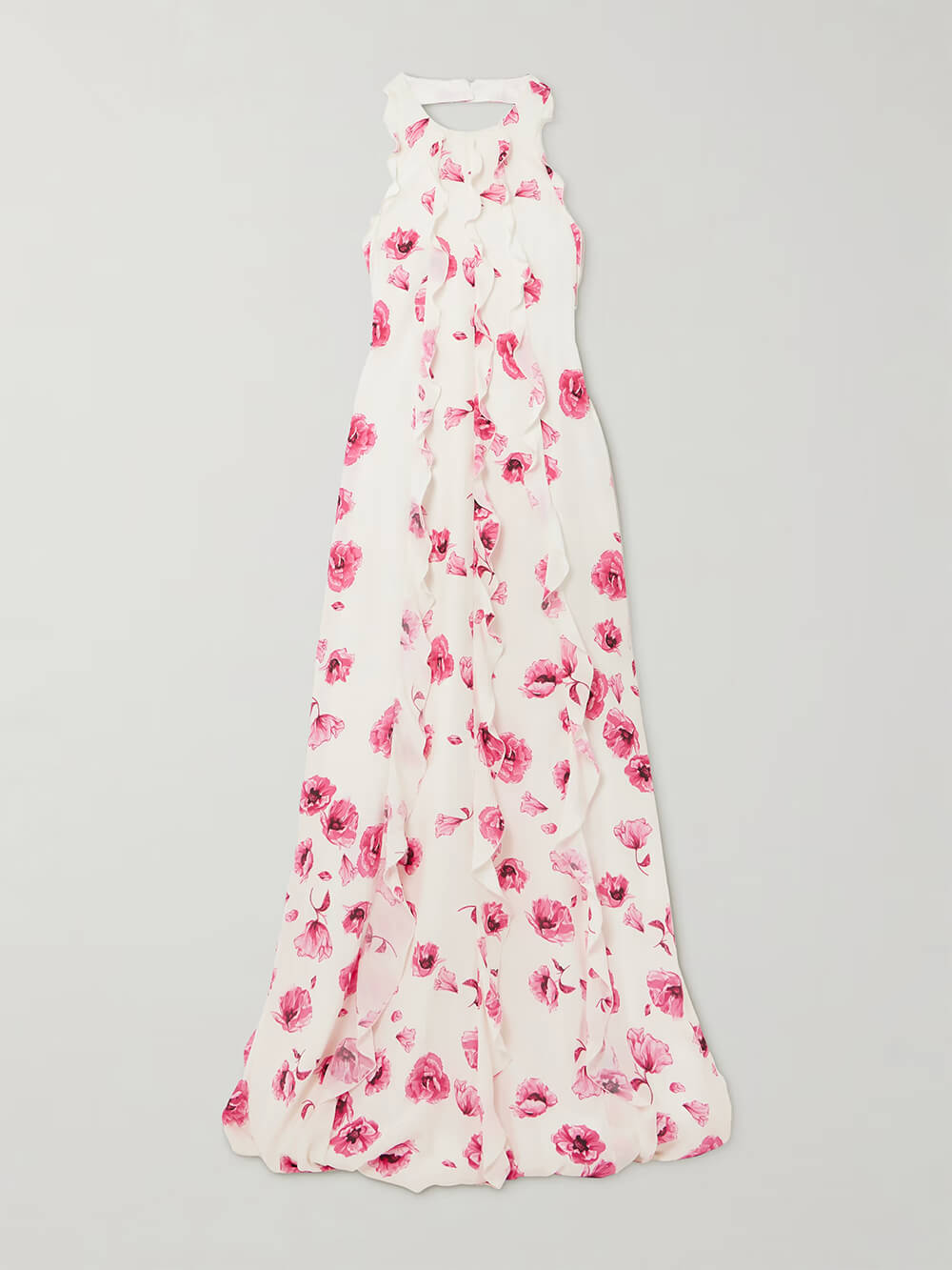 Robe longue dos nu en crêpe de Chine à imprimé floral et volants rétro