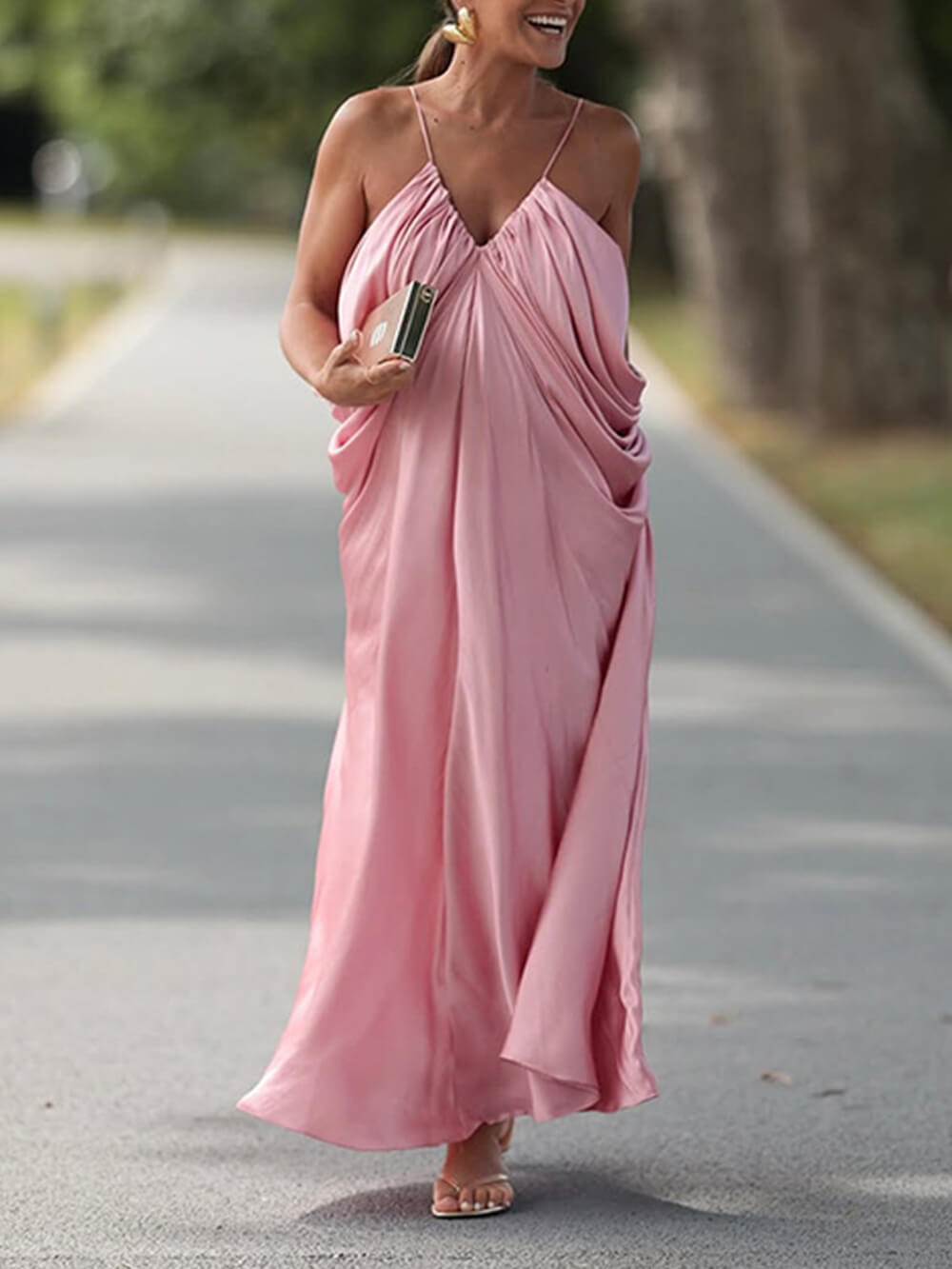 Sexy rückenfreies, trägerloses, drapiertes Maxikleid mit gerüschtem Design