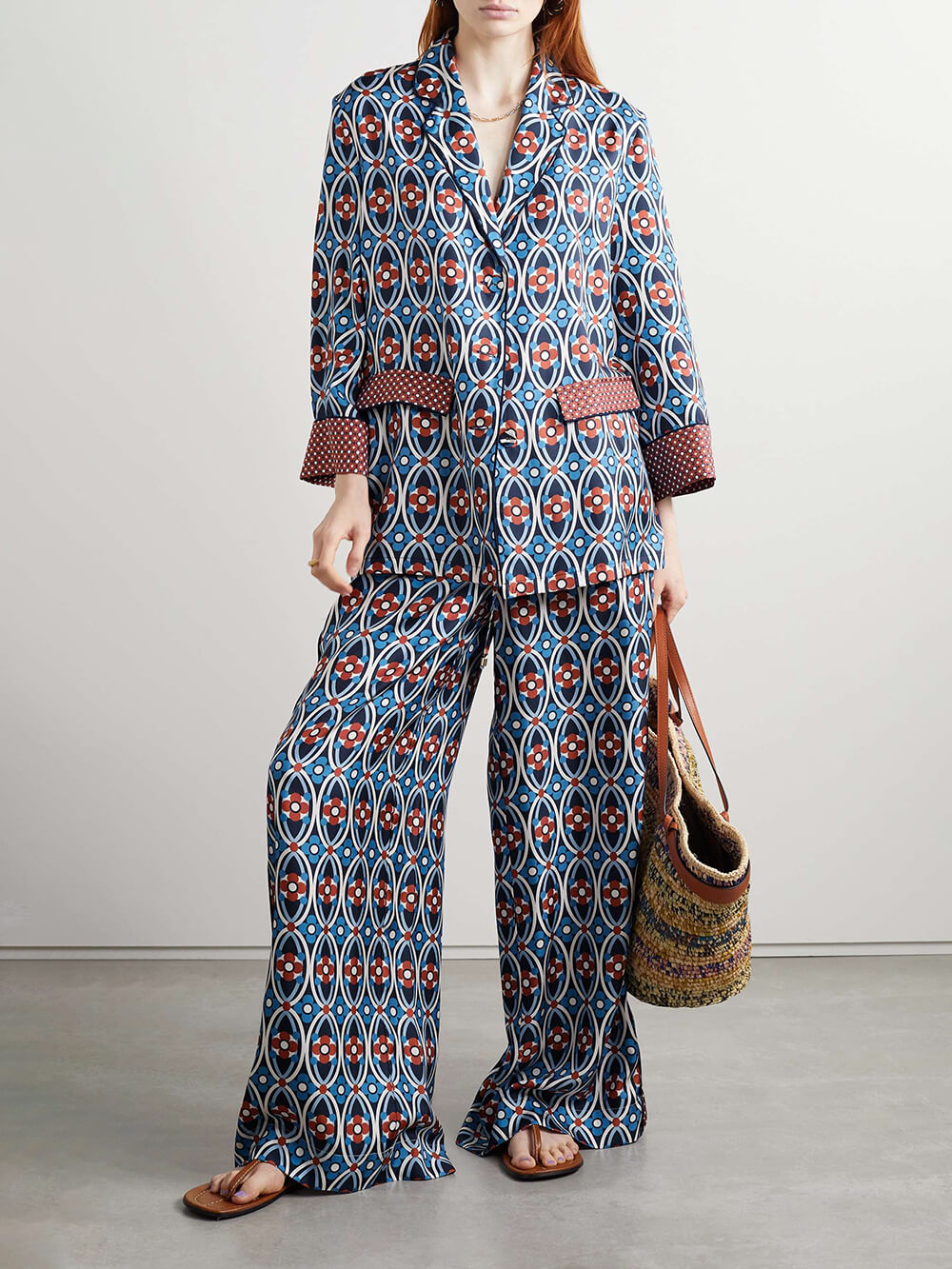 Unique – Hose aus Satin-Twill mit Venedig-Print und weitem Bein, elastischer Taille