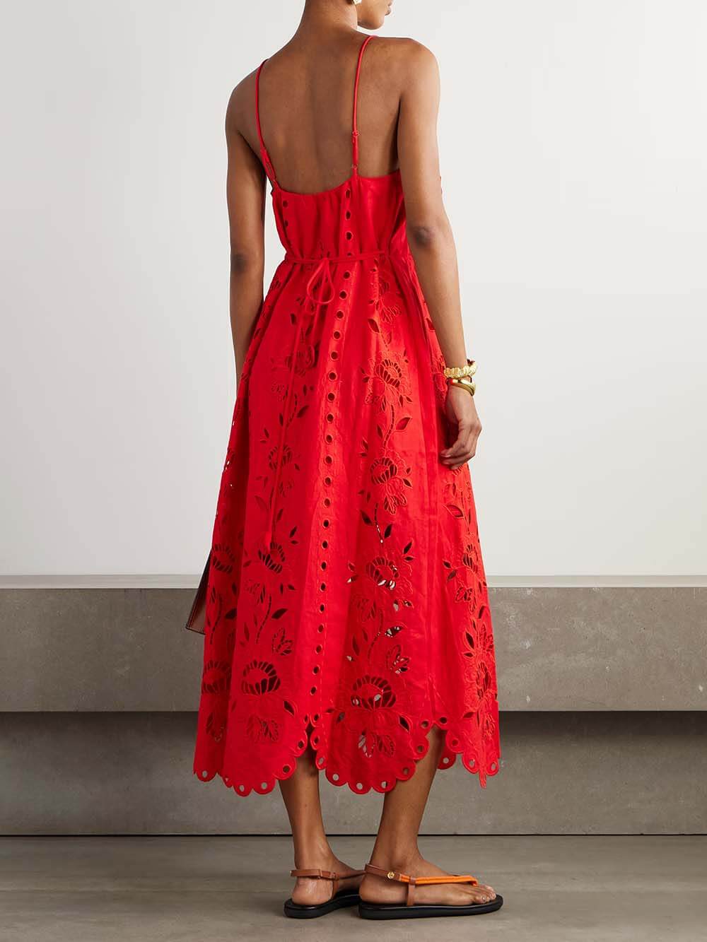 Robe midi élégante en lin mélangé au crochet avec bordure en dentelle