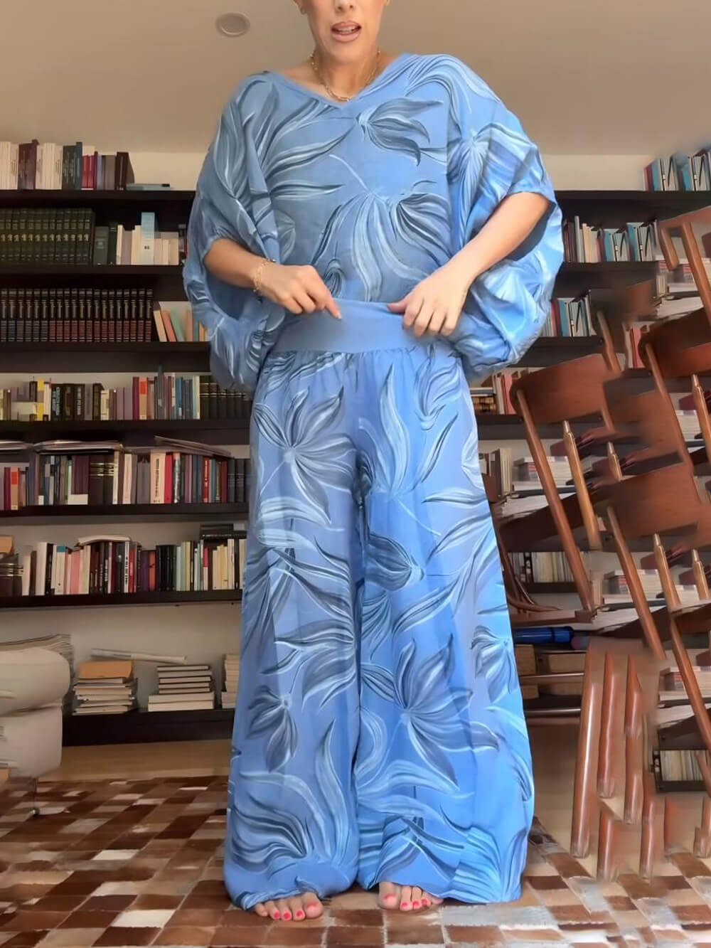 Unique Floral Print High-Waisted Pocket Wide-Leg Pants