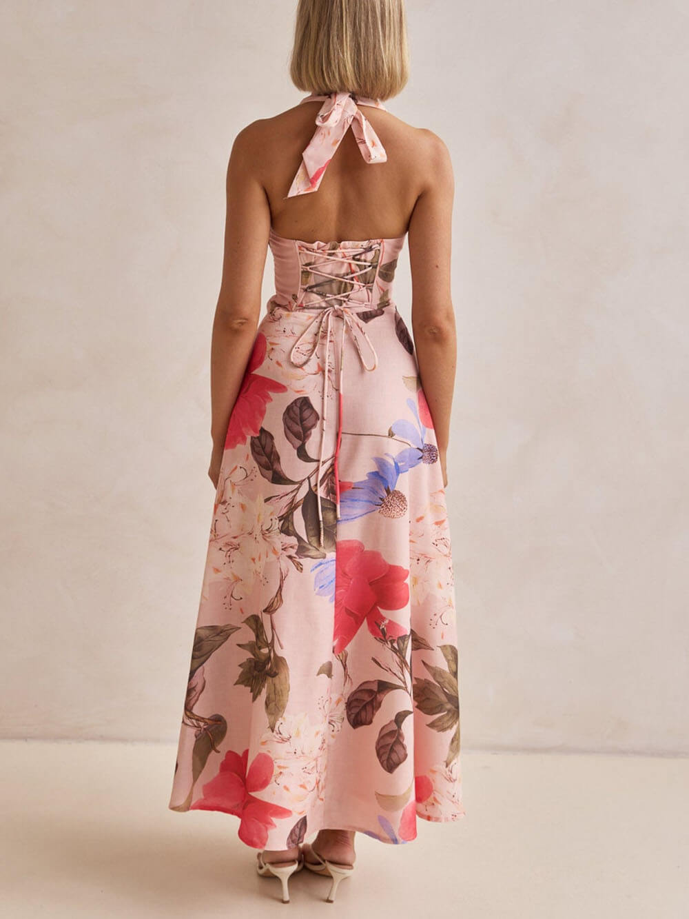 Robe longue dos nu à imprimé floral en lin rétro Terez