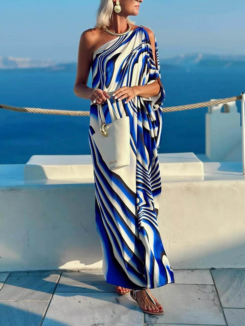 Einzigartiges, bedrucktes, Ausschnitt-Maxikleid mit einer Schulter im Urlaubsstil