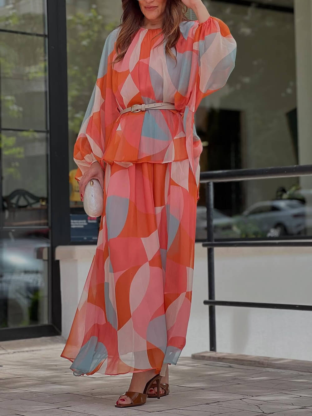 Classic Geometric Print Lantern Sleeve Patchwork Blouse