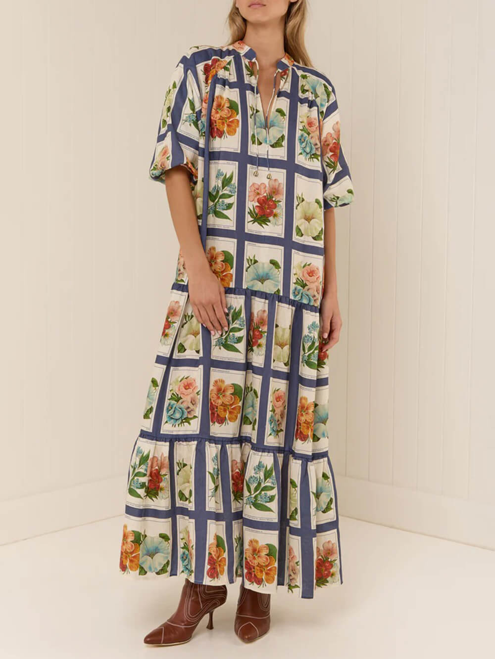 Robe longue à imprimé botanique rétro