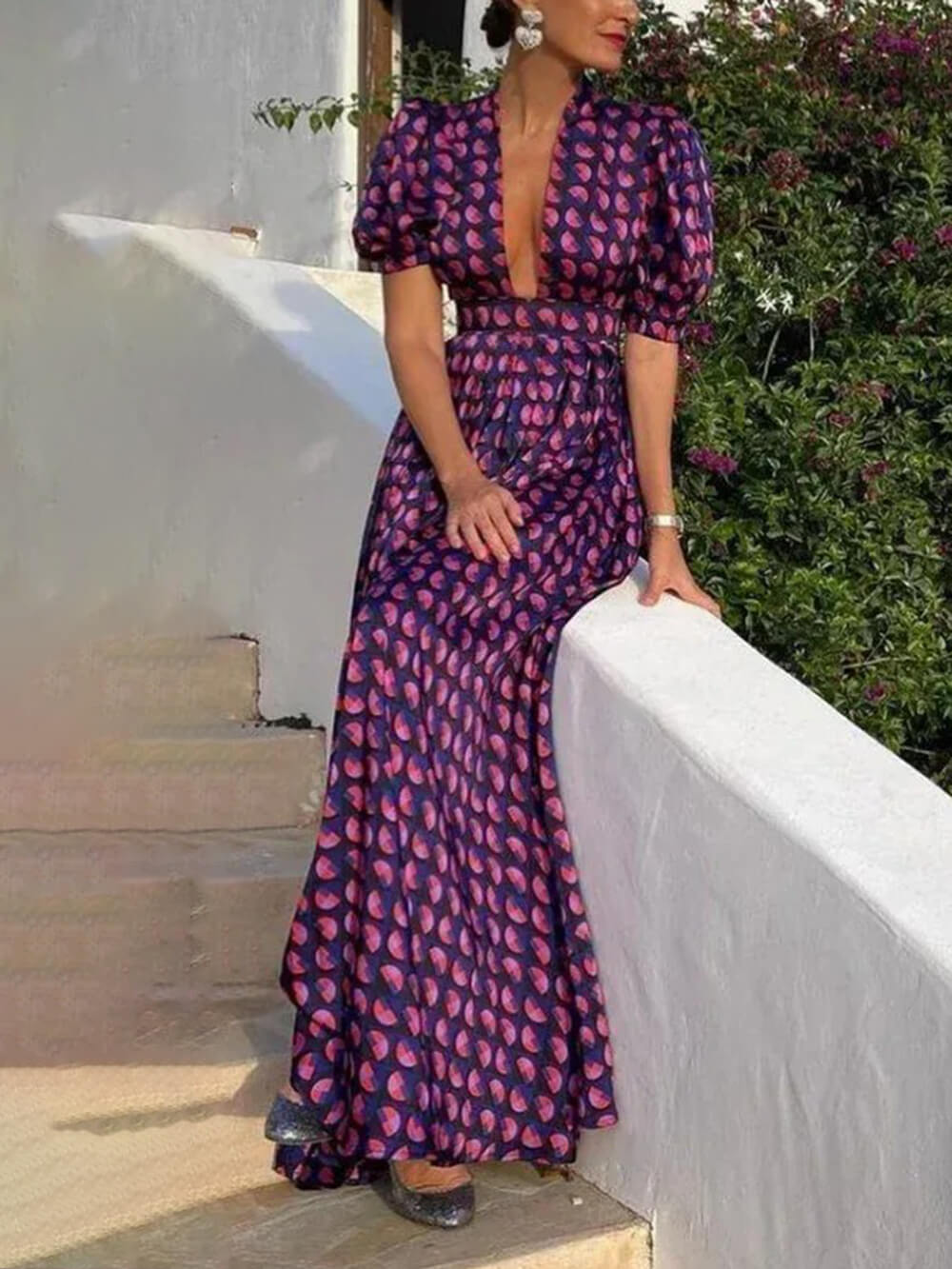 Robe longue ample à manches bouffantes et imprimé floral rétro