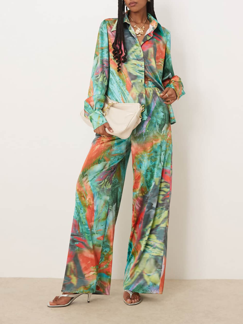 Einzigartige, lockere Hose mit weitem Bein und Satin-Ölgemälde-Print und elastischer Taille