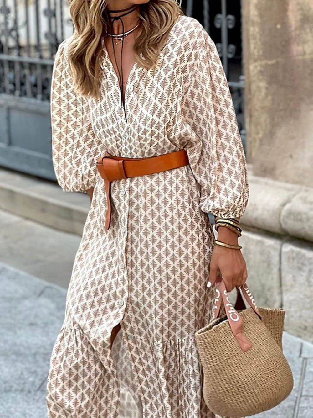 Robe mi-longue à imprimé unique, col en V, ceinture simple