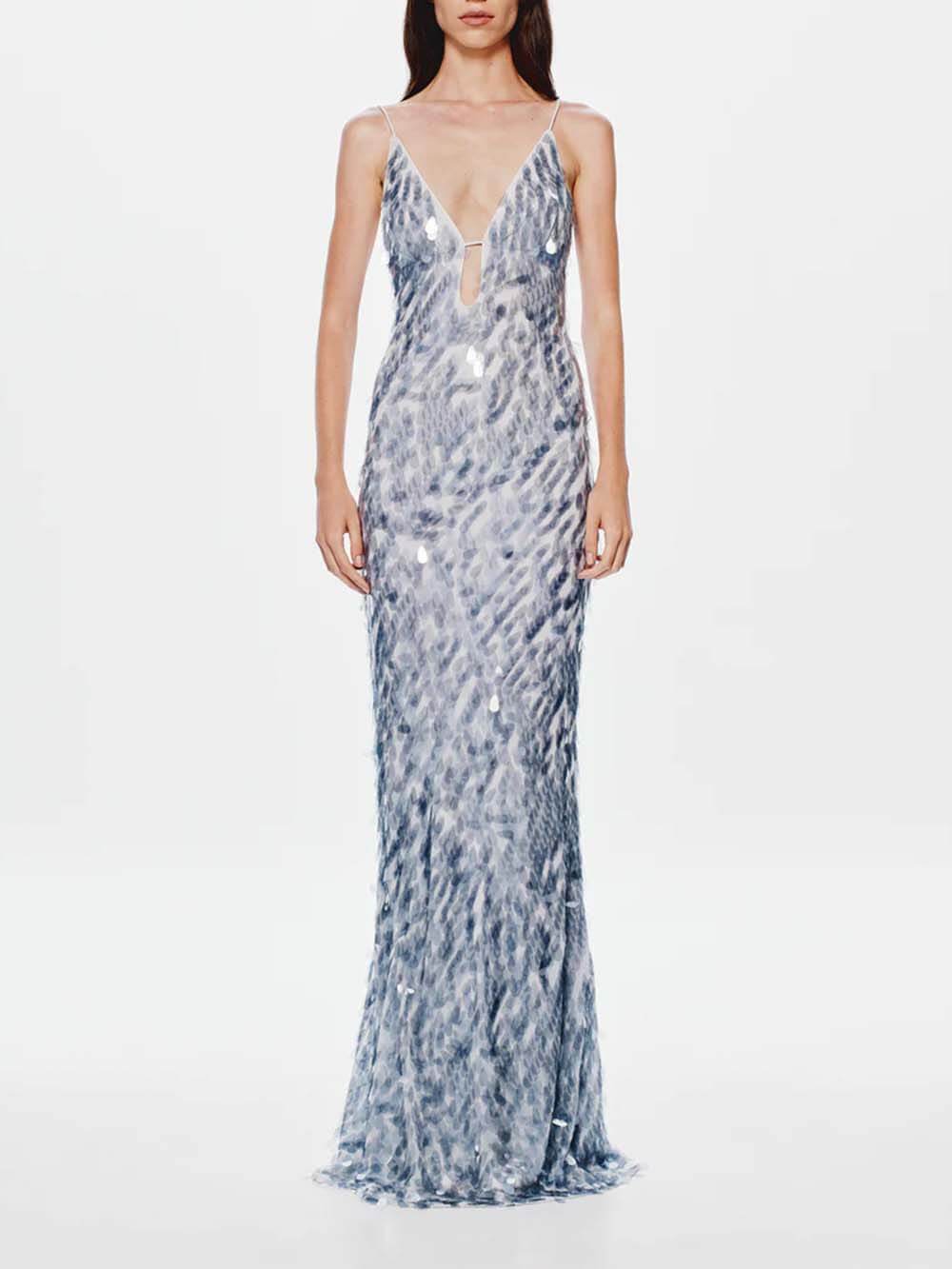 Elegantes, figurbetontes Party-Maxikleid mit Pailletten und V-Ausschnitt