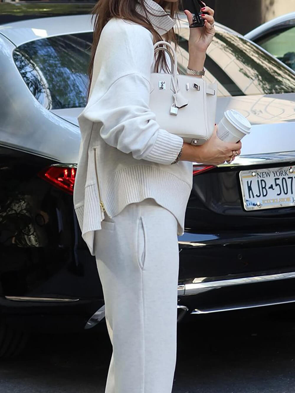 Classic Double Soft Turtleneck Side Zipper Sweatshirt and Elastic Waist Pocketed Loose Pants Set