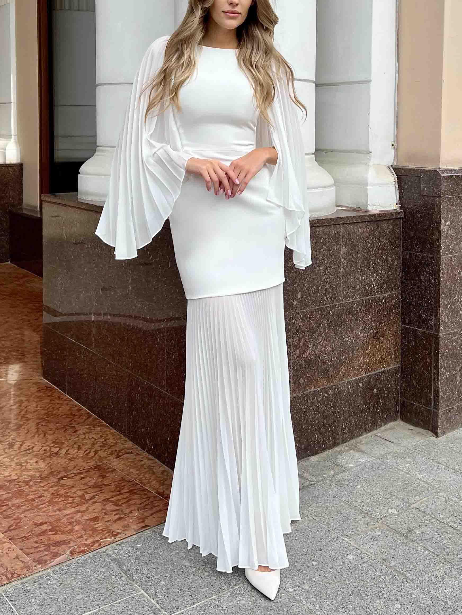 Elegant Pleated Cape Chiffon Maxi Dress