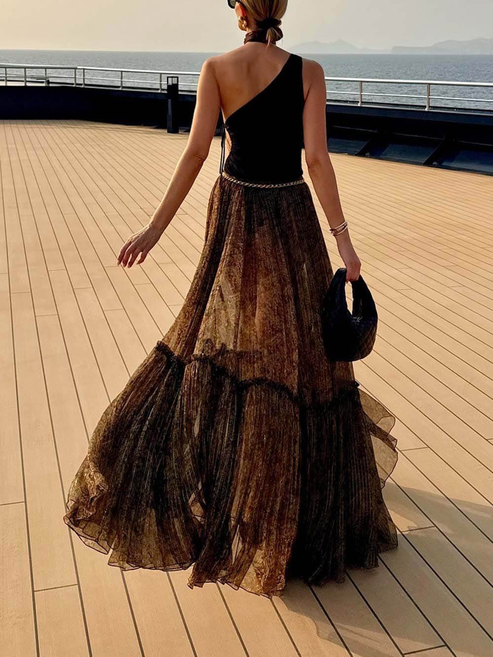 Elegant Chiffon Print Ruffle A-Line Maxi Skirt