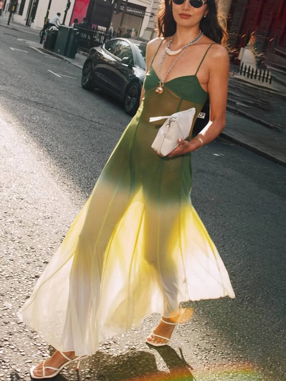 Exquisite See-through Tulle Ombre Print Slip Maxi Dress