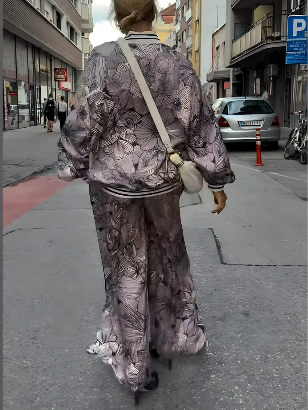 Unique Floral Print Ribbon Splice Pockets Elastic Waist Wide-Leg Pants