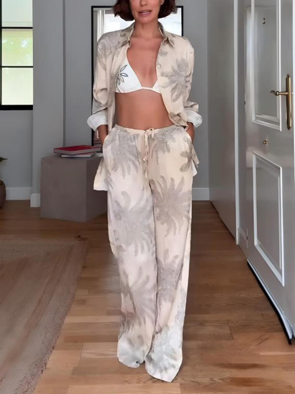 Chemise ample boutonnée surdimensionnée à imprimé feuilles de palmier pour l'été