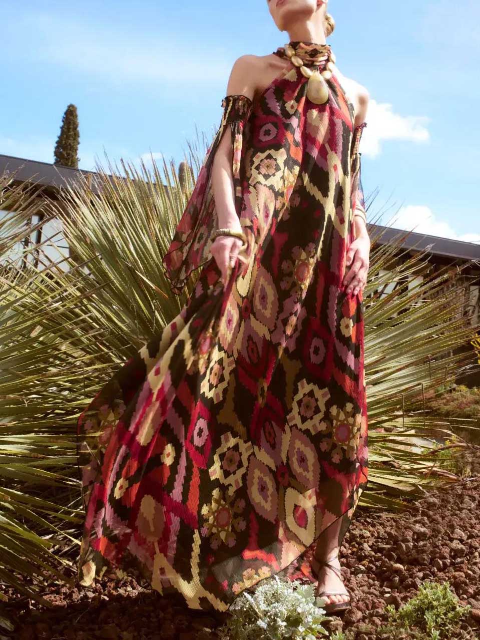 Robe longue à manches convertibles et imprimé géométrique bohème rétro