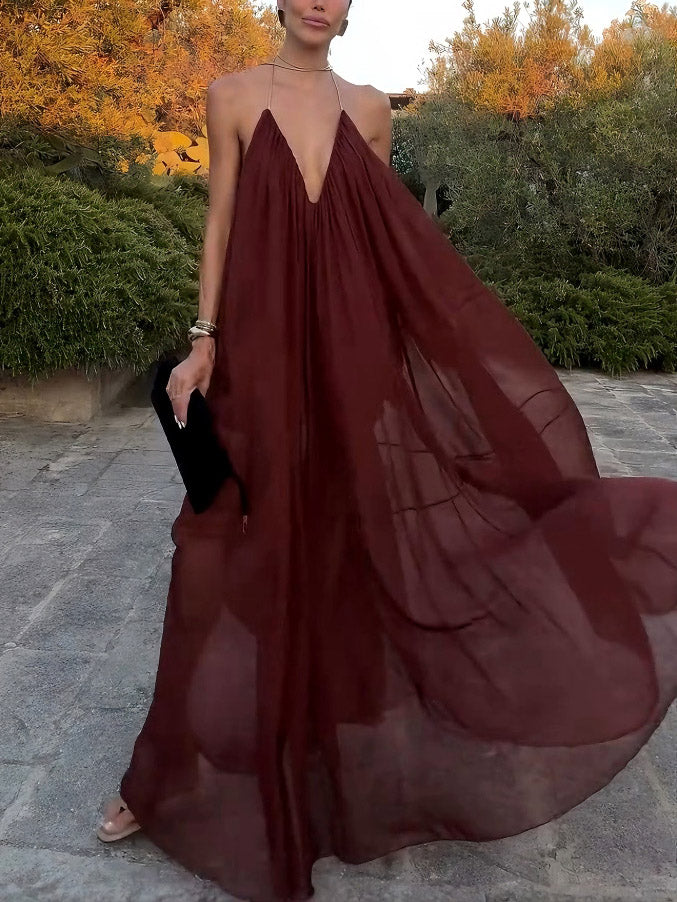 Elegantes, fließendes Chiffon-Maxikleid mit V-Ausschnitt