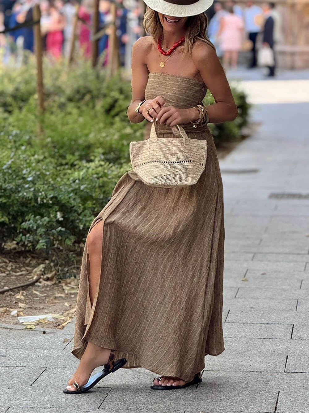 Robe longue en lin à imprimé rayé rétro unique et fendue