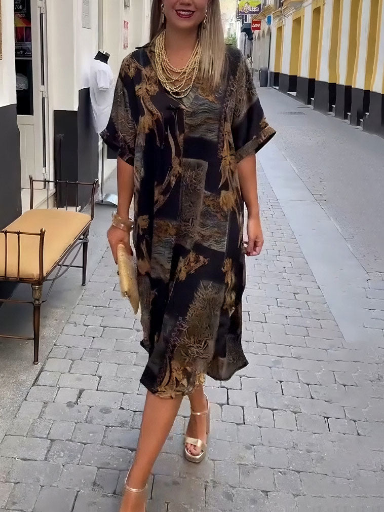 Robe chemise mi-longue à col en V et imprimé satin rétro