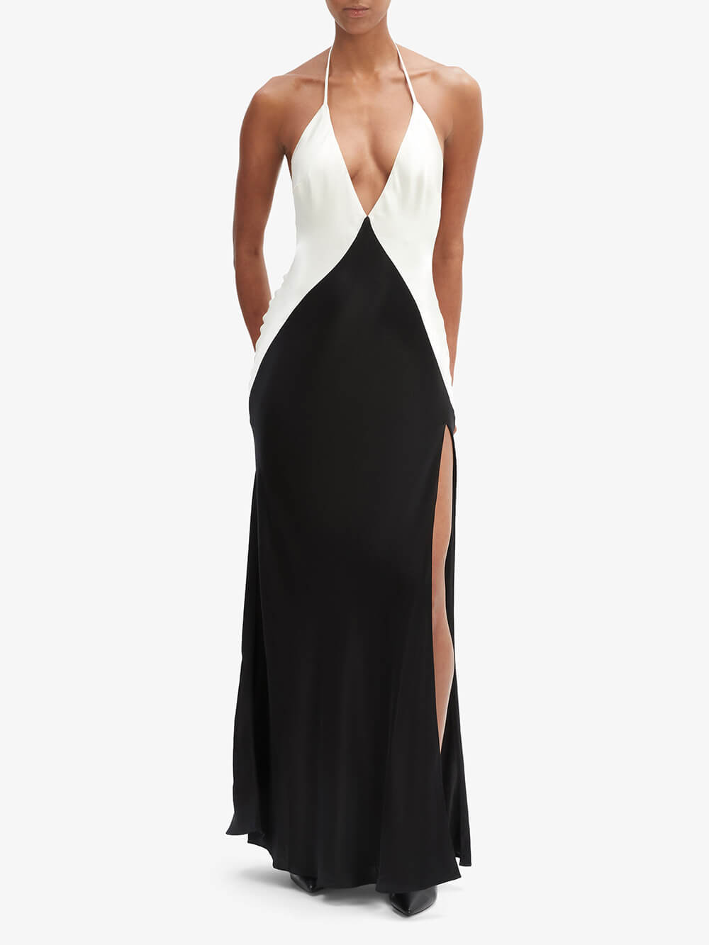 Sexy rückenfreies Maxikleid mit auffälligem V-Ausschnitt und Kontrast
