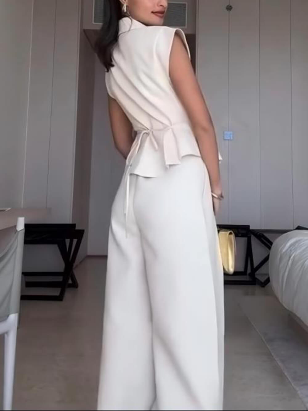 Pantalon décontracté taille haute plissé avec poches et jambes larges