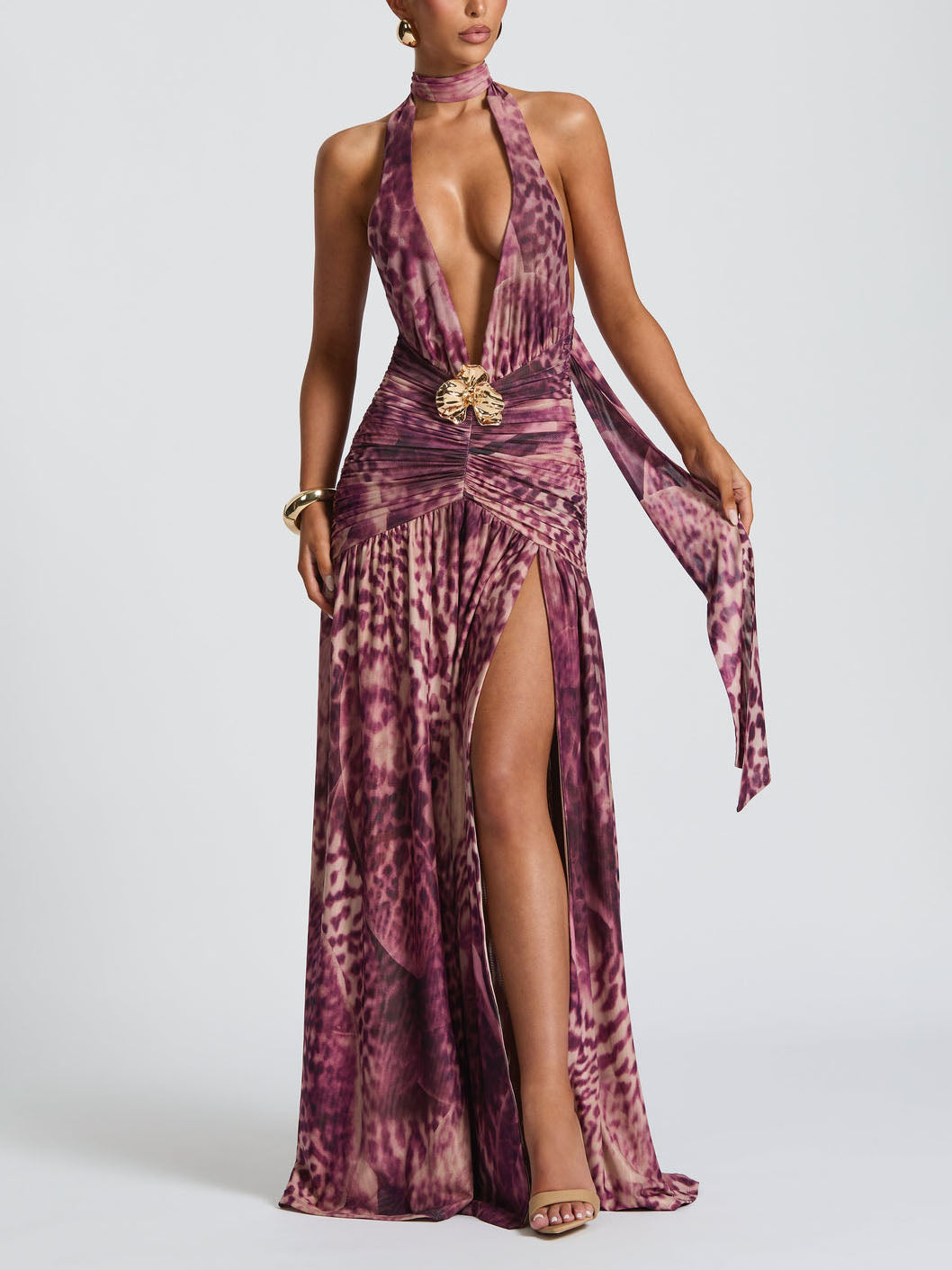 Elegantes Maxikleid mit V-Ausschnitt und abstraktem Phalaenopsis-Print