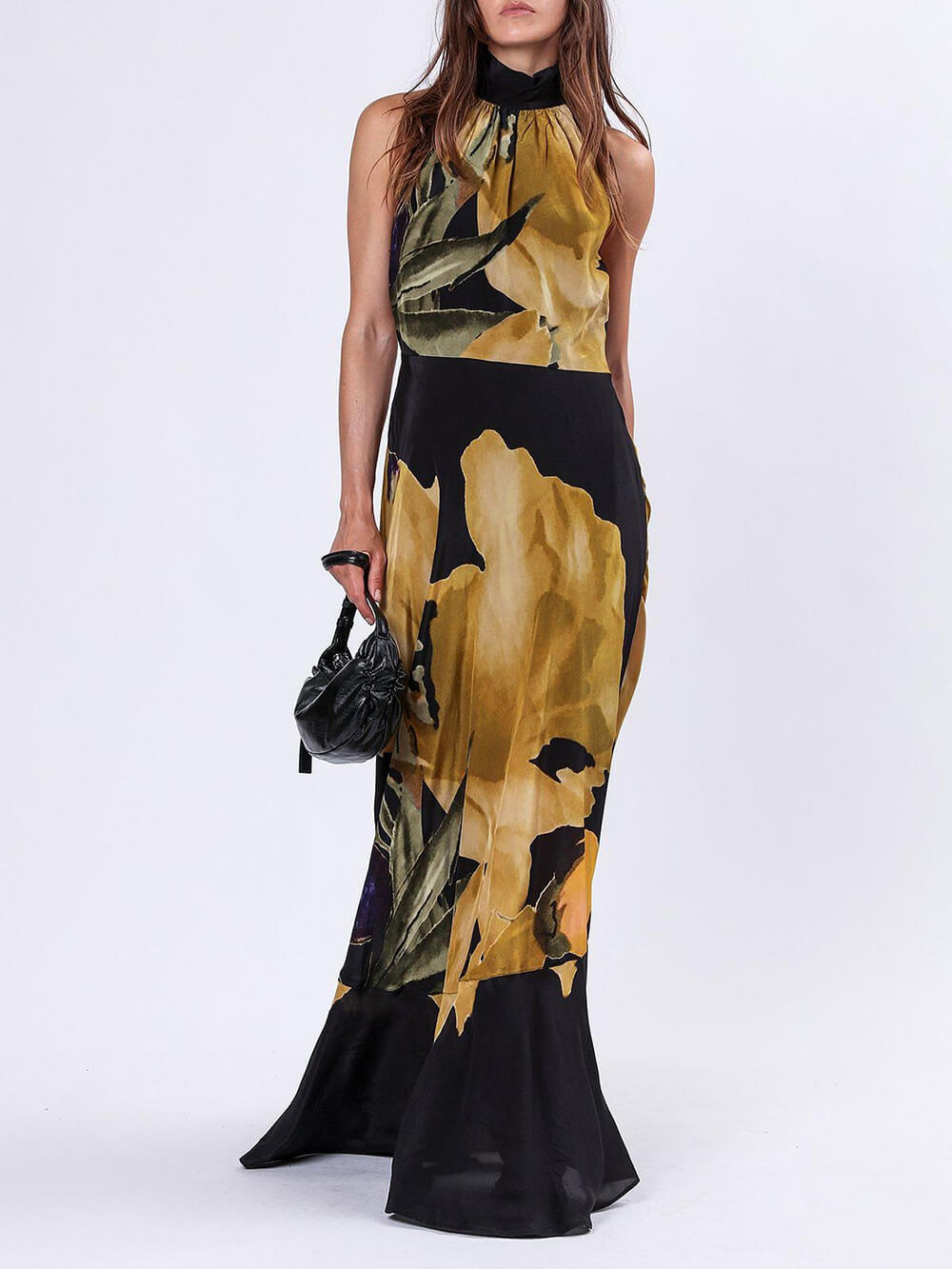 Robe longue droite à imprimé floral jaune unique