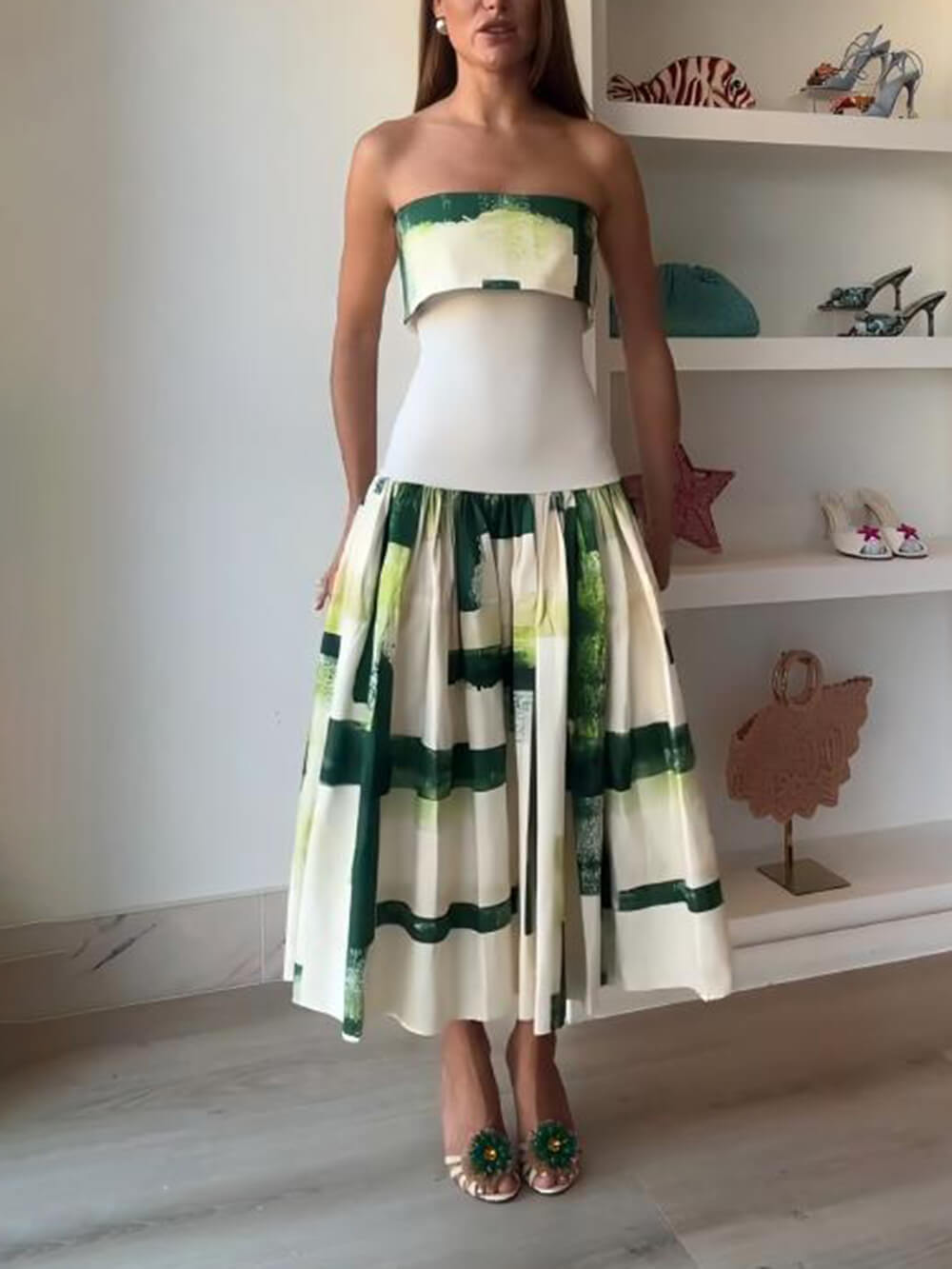 Robe midi moulante côtelée élégante imprimée sans bretelles