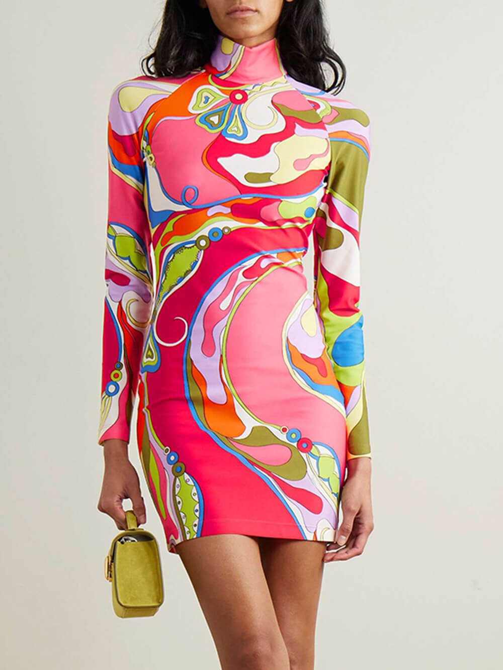 Minikleid aus Stretch-Twill mit Rollkragen und Retro-Print