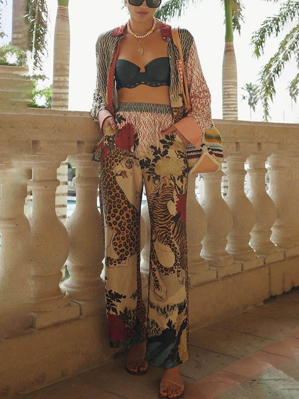 Chemise ample à manches longues et imprimé tigre de la jungle tropicale unique