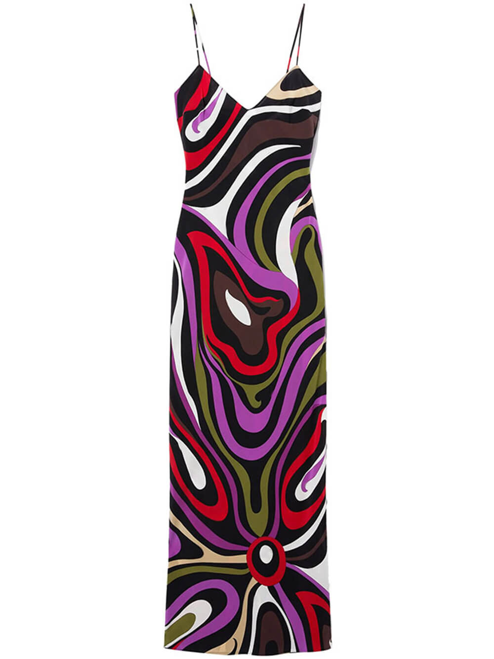 Robe longue dos nu en satin imprimé rétro
