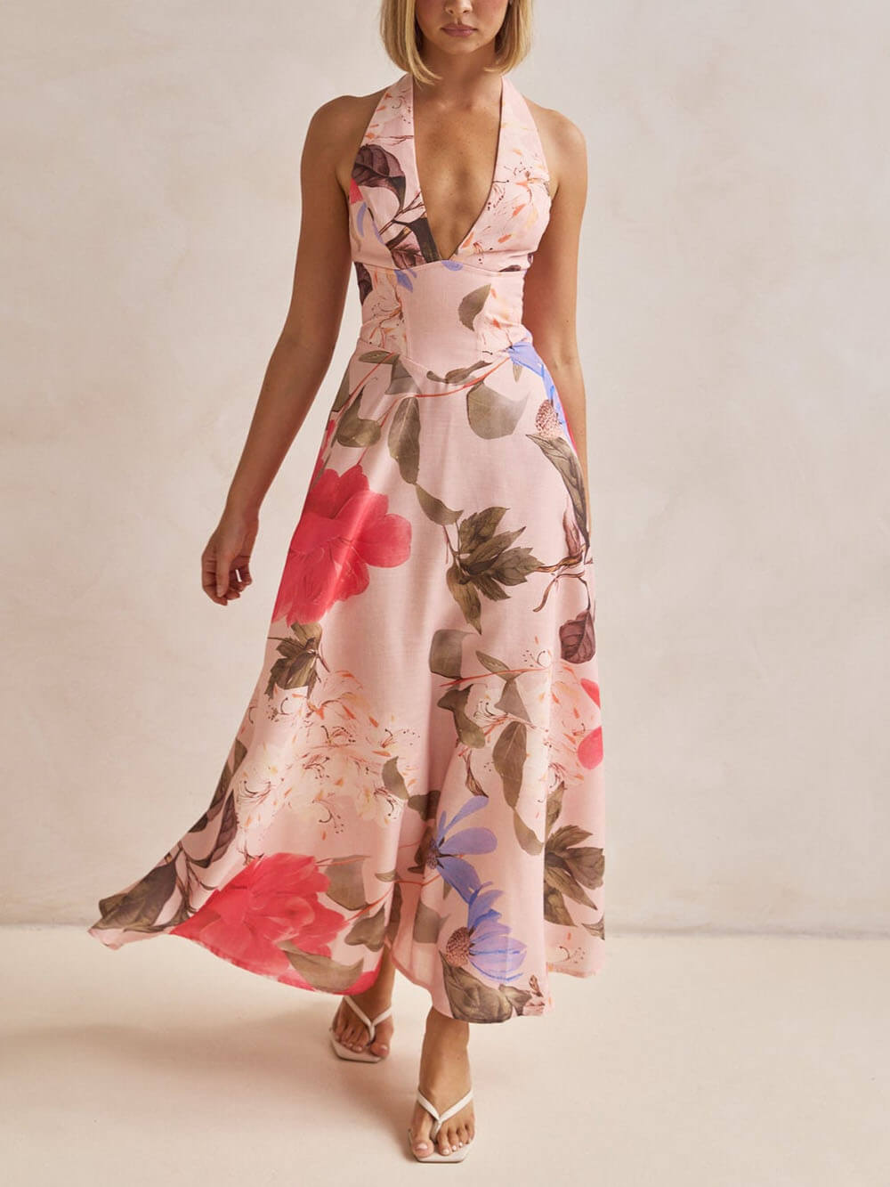 Robe longue dos nu à imprimé floral en lin rétro Terez