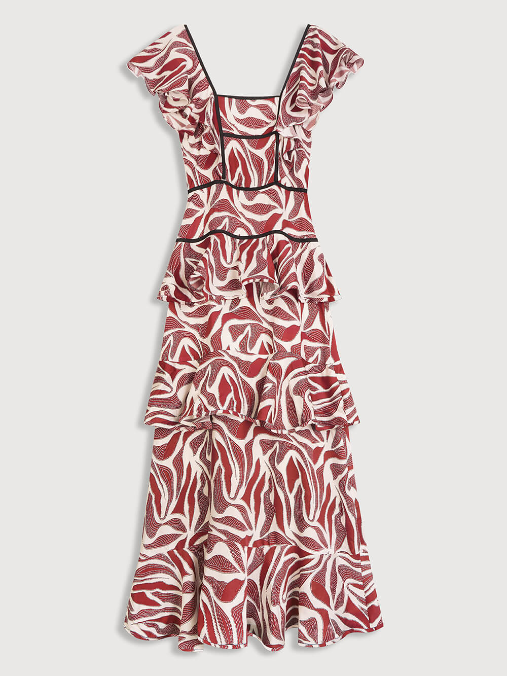 Robe longue rétro unique à imprimé superposé et bordure à volants contrastés