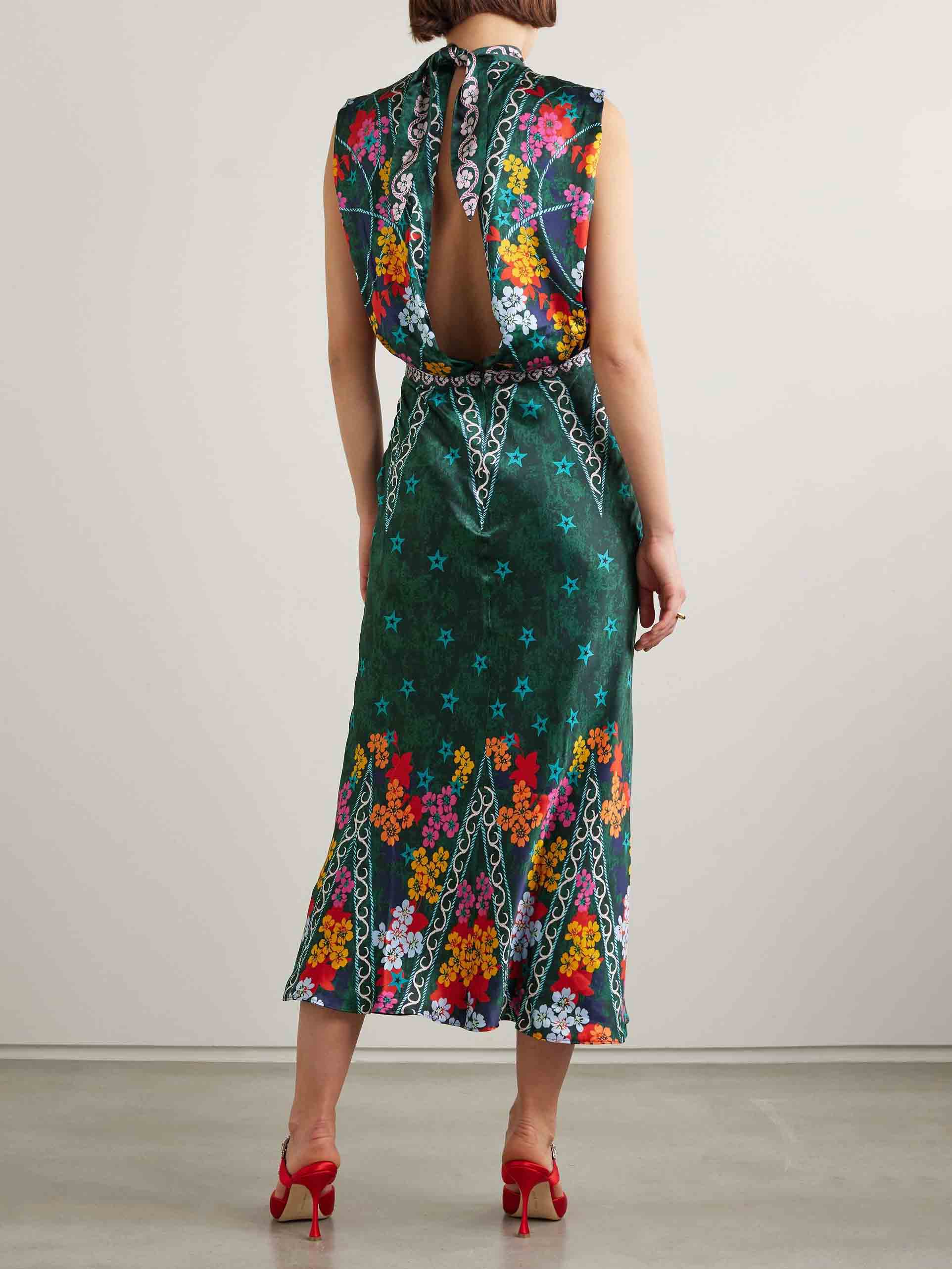 Robe mi-longue en satin à imprimé floral rétro étoiles