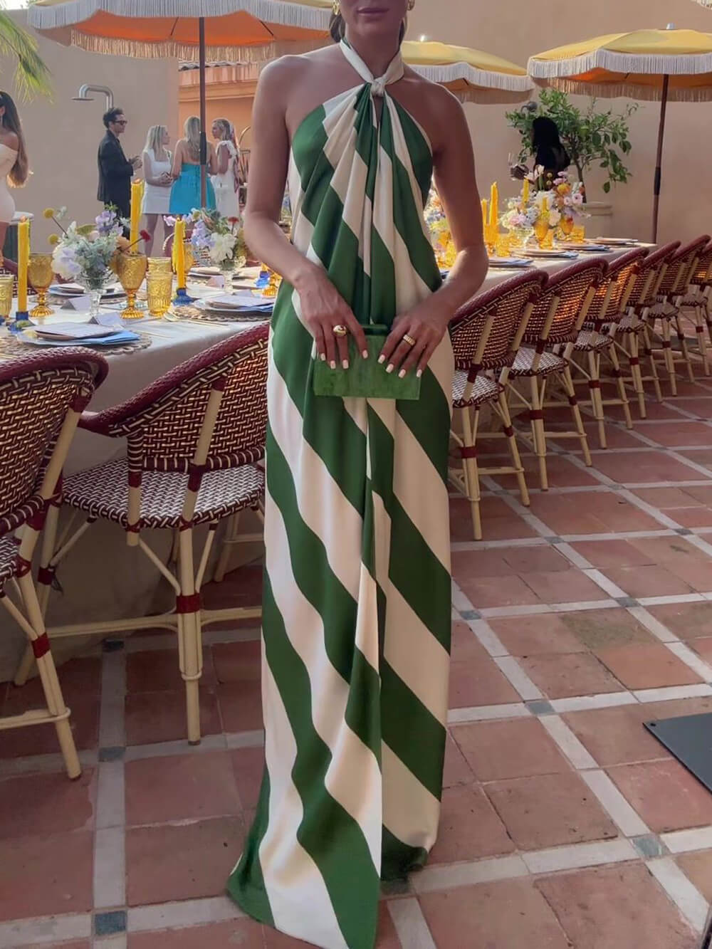 Exquisite Striped Print Halter Neck Backless Maxi Dress