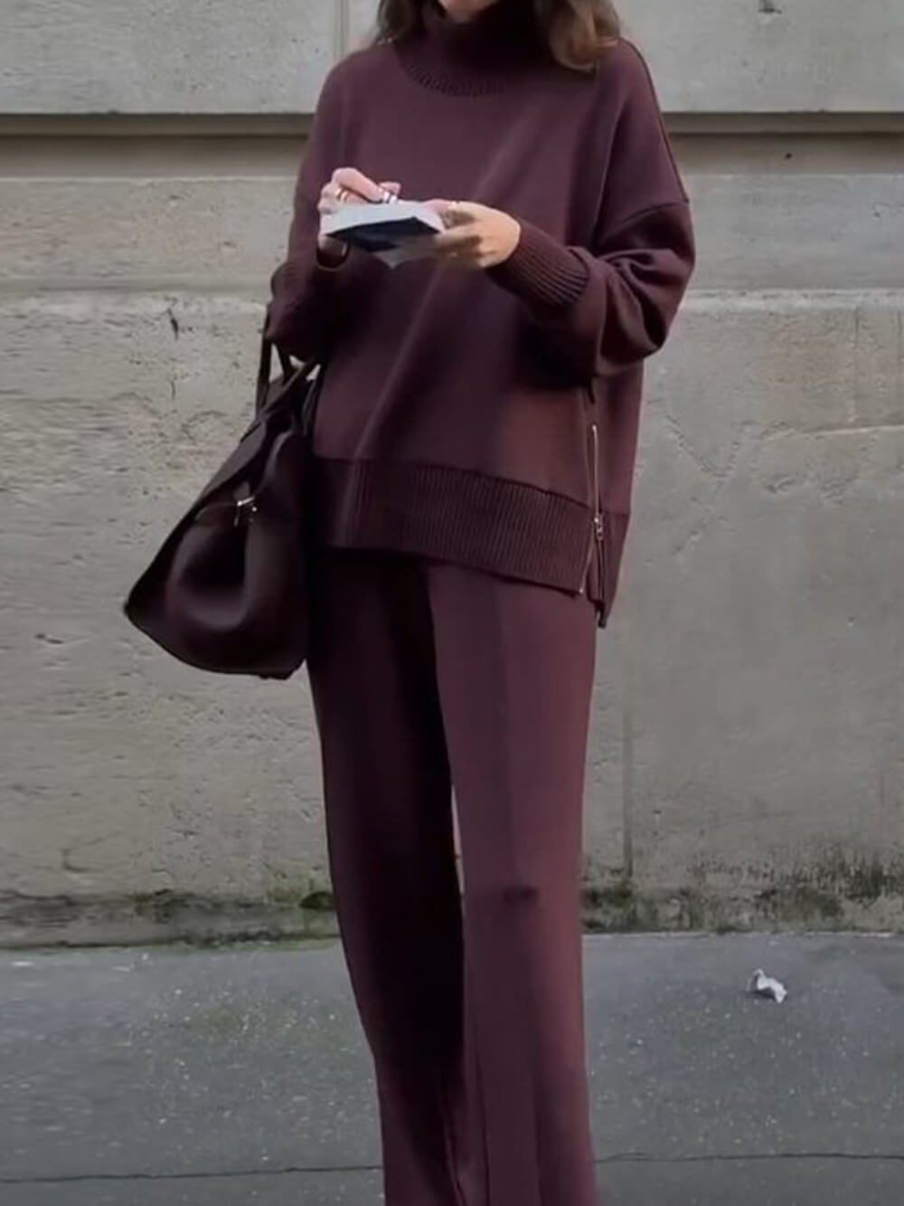 Classic Double Soft Turtleneck Side Zipper Sweatshirt and Elastic Waist Pocketed Loose Pants Set