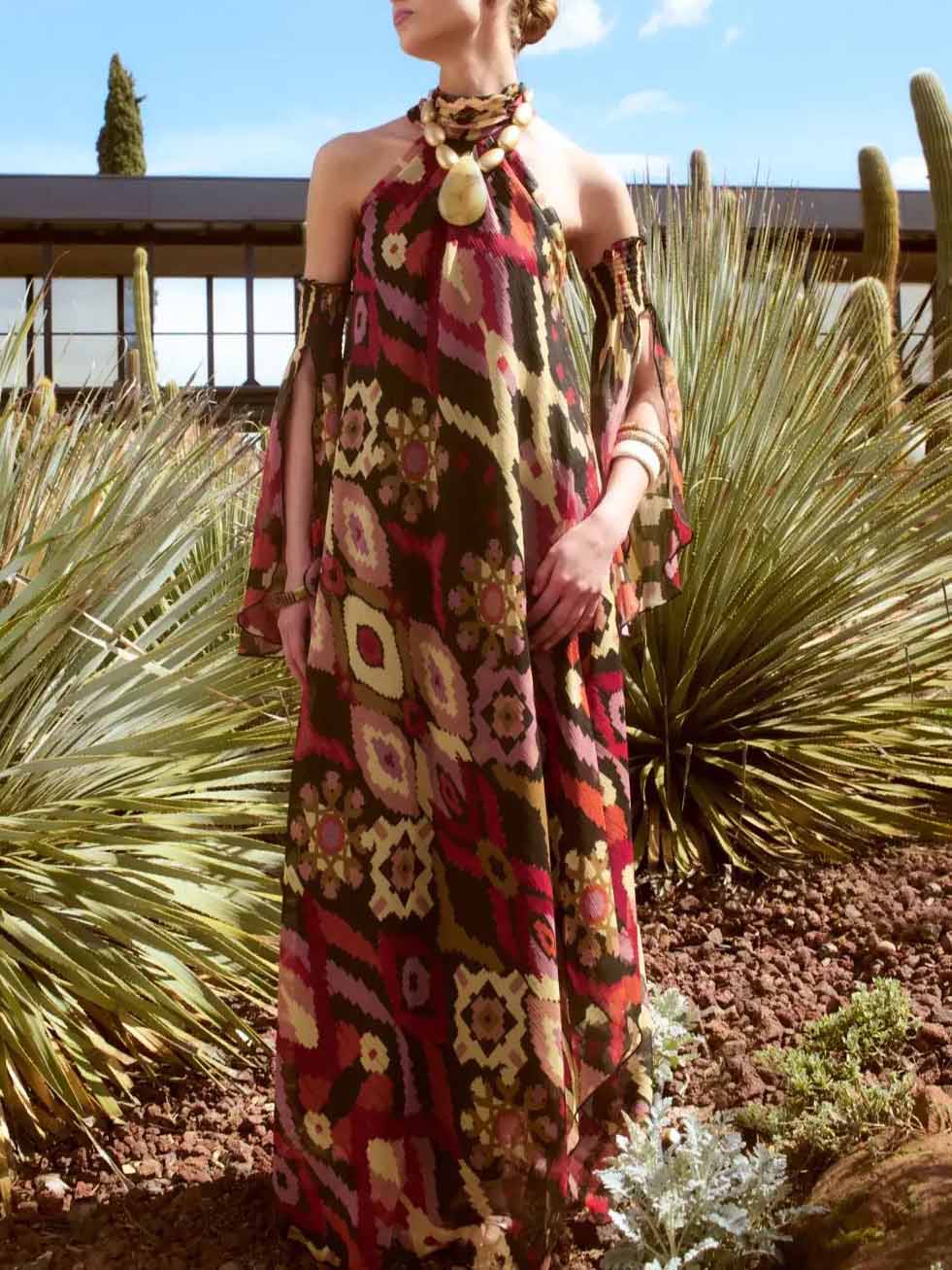 Robe longue à manches convertibles et imprimé géométrique bohème rétro