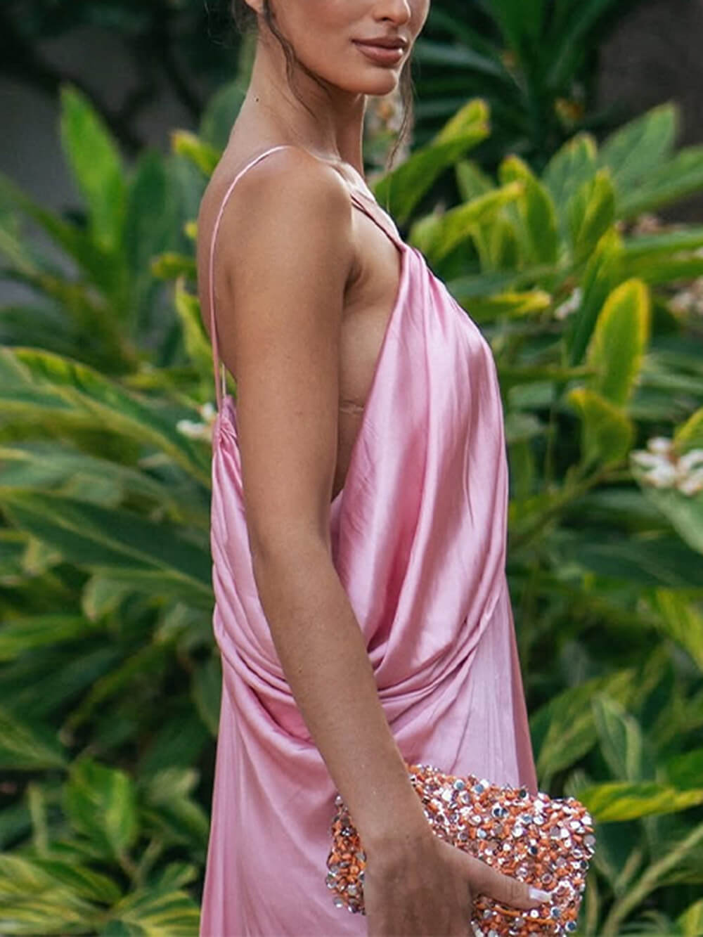 Sexy rückenfreies, trägerloses, drapiertes Maxikleid mit gerüschtem Design