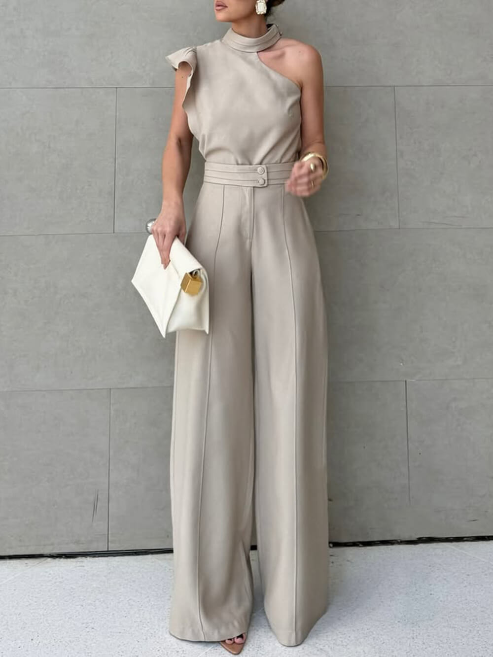 Ensemble haut licou décontracté à manches volantées et pantalon droit uni simple