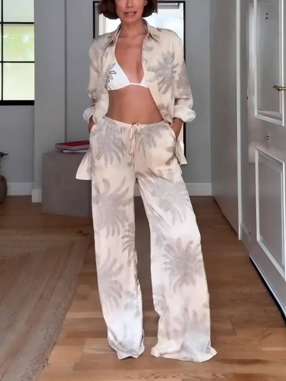 Chemise ample boutonnée surdimensionnée à imprimé feuilles de palmier pour l'été