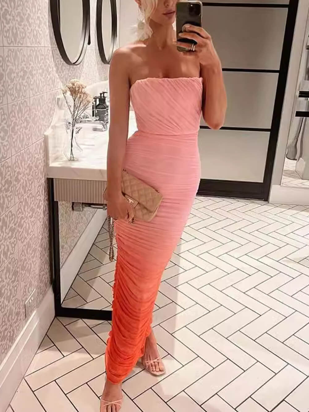 Elegant Mesh Strapless Ombre Print Bodycon Mermaid Gown Maxi Dress